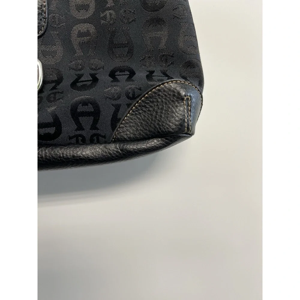 Aigner Black Logo Canvas Leather Trim Strap Shoulder Handbag Retro‎ Classic